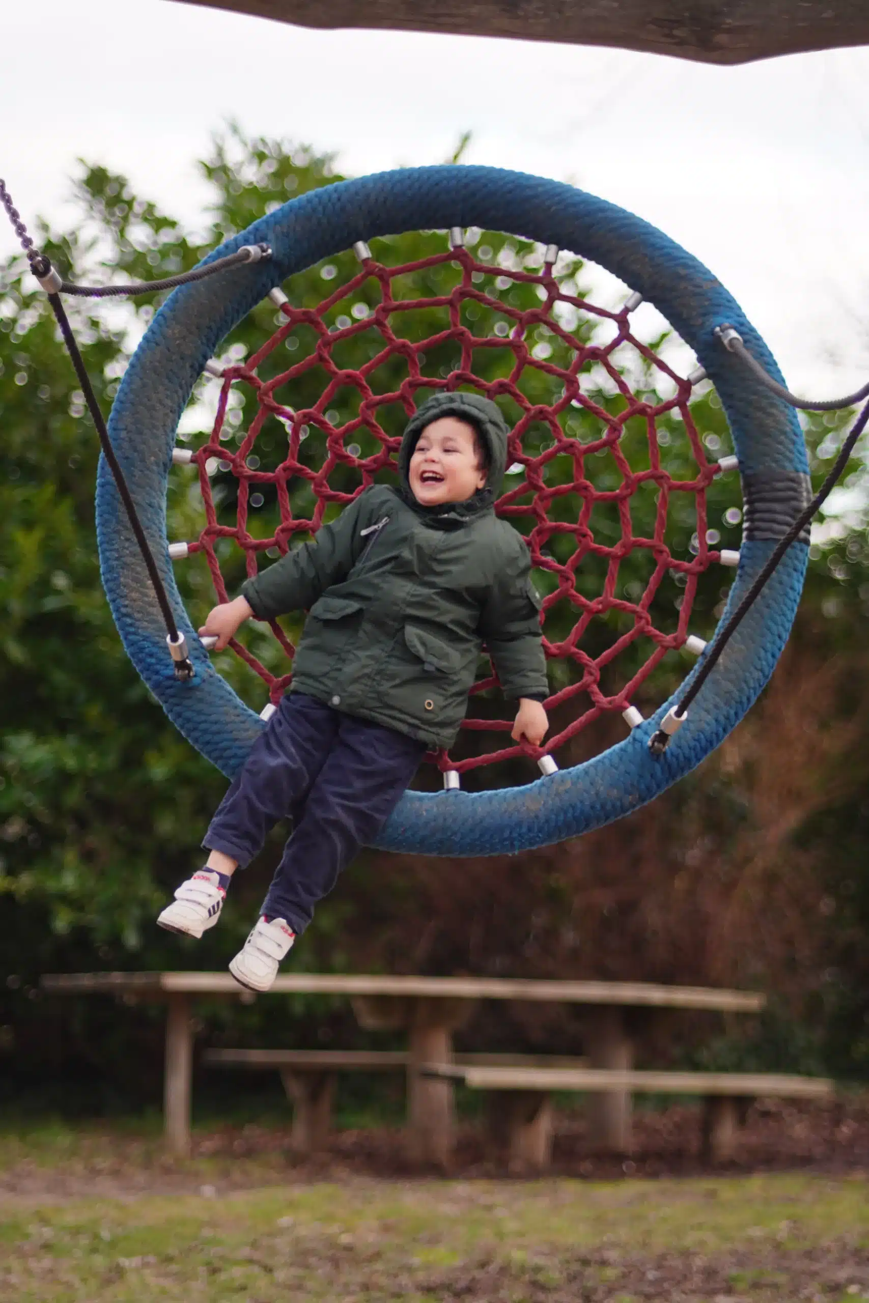 oung boy enjoying an outdoor nest swing at a park playground